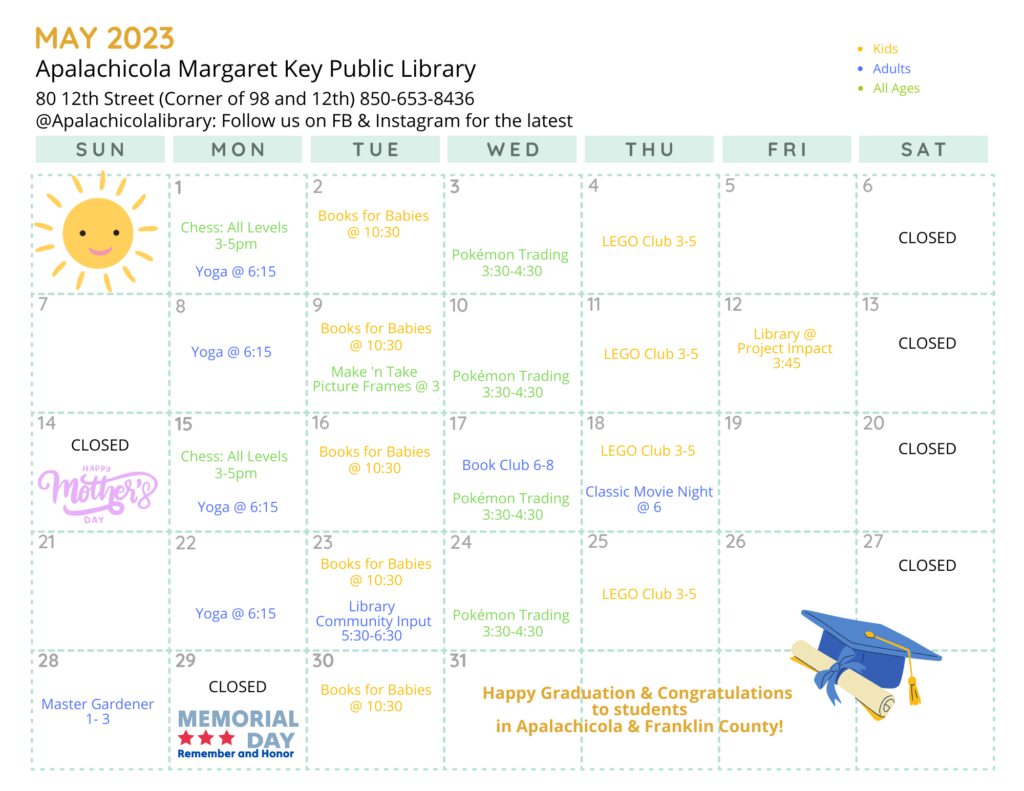 May calendar of events for the Apalachicola Library.