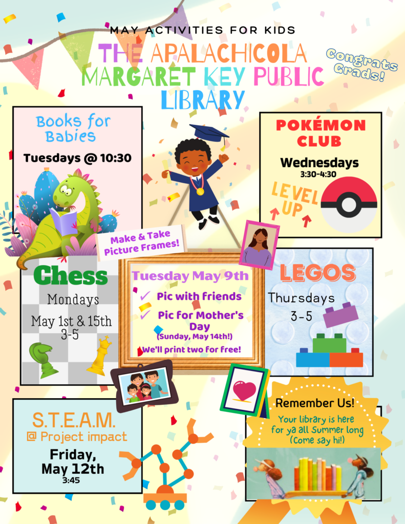 May Kids calendar of events for the Apalachicola Library.